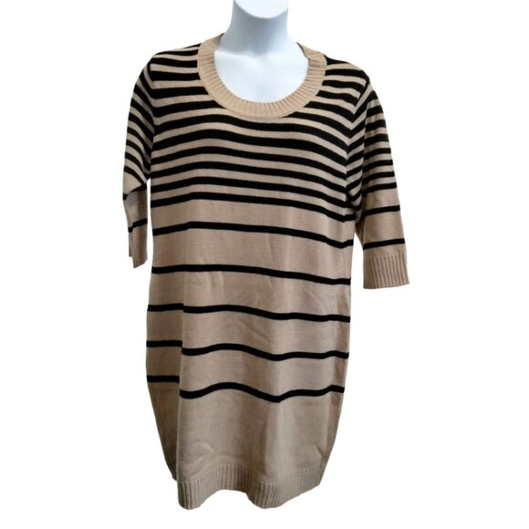 Derek Heart Black Beige Striped Round Neck 3/4 Sleeves Sweater Dress Plus Size 3 - Picture 2 of 7